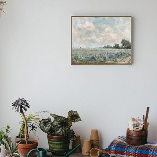 Framed Vintage Landscape Wall Art - Vast Grassland Field Canvas Print | Rustic Wildflower Oil Painting, 8"x10"