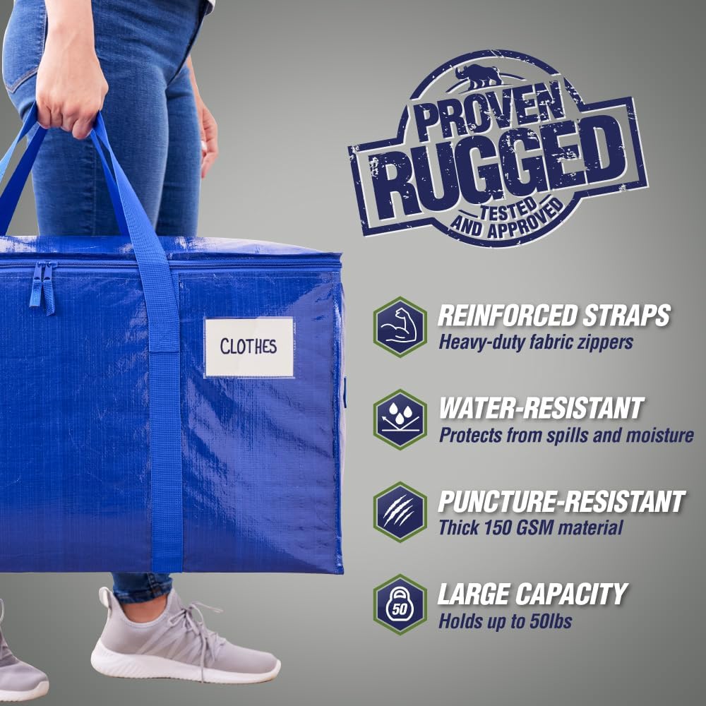 Rugged Rhino Heavy Duty Extra Large Moving Bags - Durable, Space-Saving Storage with Strong Handles | Blue/Clear 4-Pack