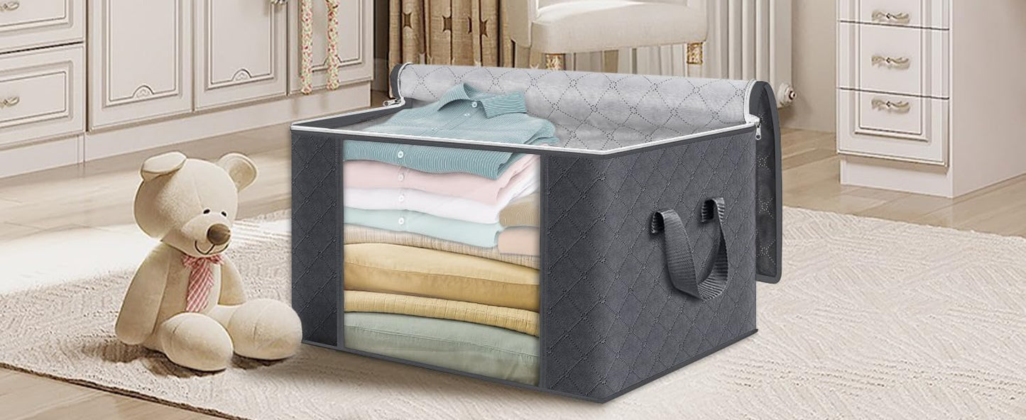 Skiennix Large Clothes Storage Bags - 4 Pack Foldable Organizers with Clear Window for Blankets & Toys | Gray