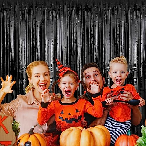 2 Pack 3.28 ft x 6.56 ft Black Tinsel Curtain Party Backdrop Decorations, Metallic Foil Fringe Backdrop Door for Halloween, Christmas, Birthday Graduation Wedding Party Streamers Photo Backdrop.
