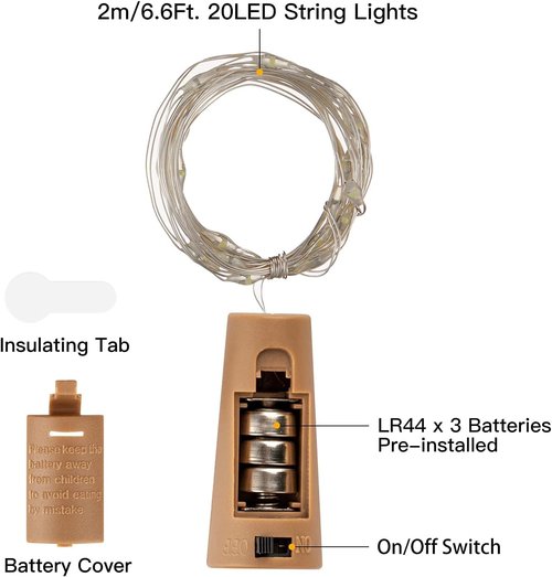 Brightown Wine Bottle Lights - 20 Pack LED Waterproof Cork Lights | Silver Wire Mini Fairy Lights for Parties & Weddings