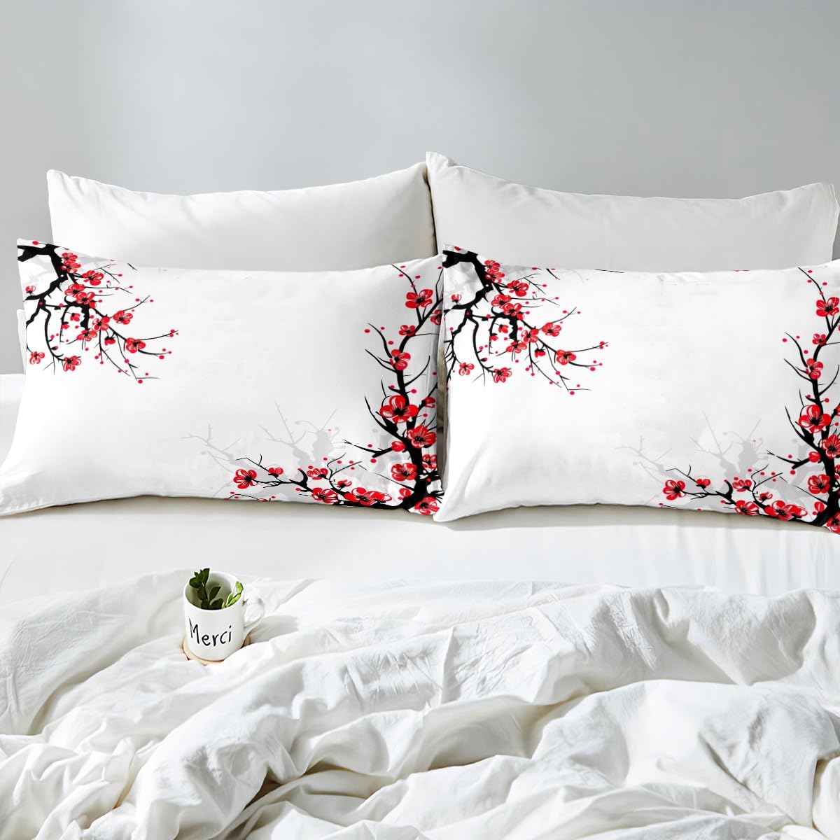Japanese Duvet Cover King Size,Adult Women Spring Cherry Blossom Comforter Cover Asian Botanic Themed Pattern Fresh Organic Art Bedding Set, Branch of Red Flowers Decorative Bedspreads White Black