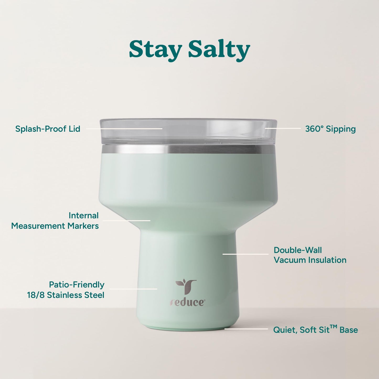 REDUCE Saltini 16 oz Cocktail Tumbler - Insulated Margarita Tumbler with Lid - Keeps Drinks Cold for 10 Hours - 360 Sippable Martini Glass Alternative - Shatterproof, Perfect for Parties - Sea Glass