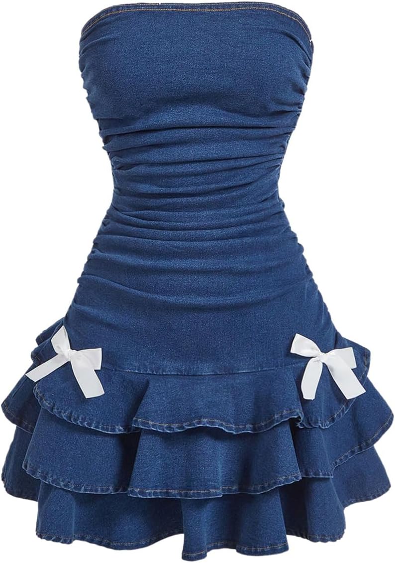 WDIRARA Women's Strapless Denim Mini Dress - Layered Ruffle A-Line Design | Stylish & Chic