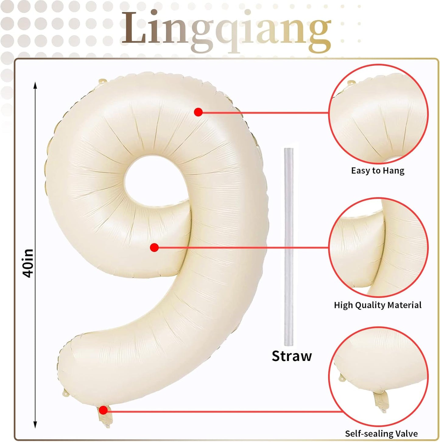 Skiennix 40-Inch Beige Number 9 Balloon - Large Cream Foil Helium Decoration for Birthdays & Anniversaries