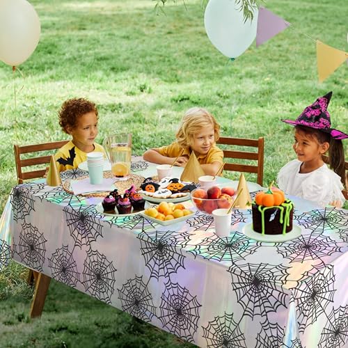 Cheerland Spiderweb Tablecloth Iridescent Holographic Foil Table Cover Halloween Decorations Disposable Plastic Cloth for Ghoul Birthday Bridal Shower Spooky Gothic Christmas Party Supplies 2pcs