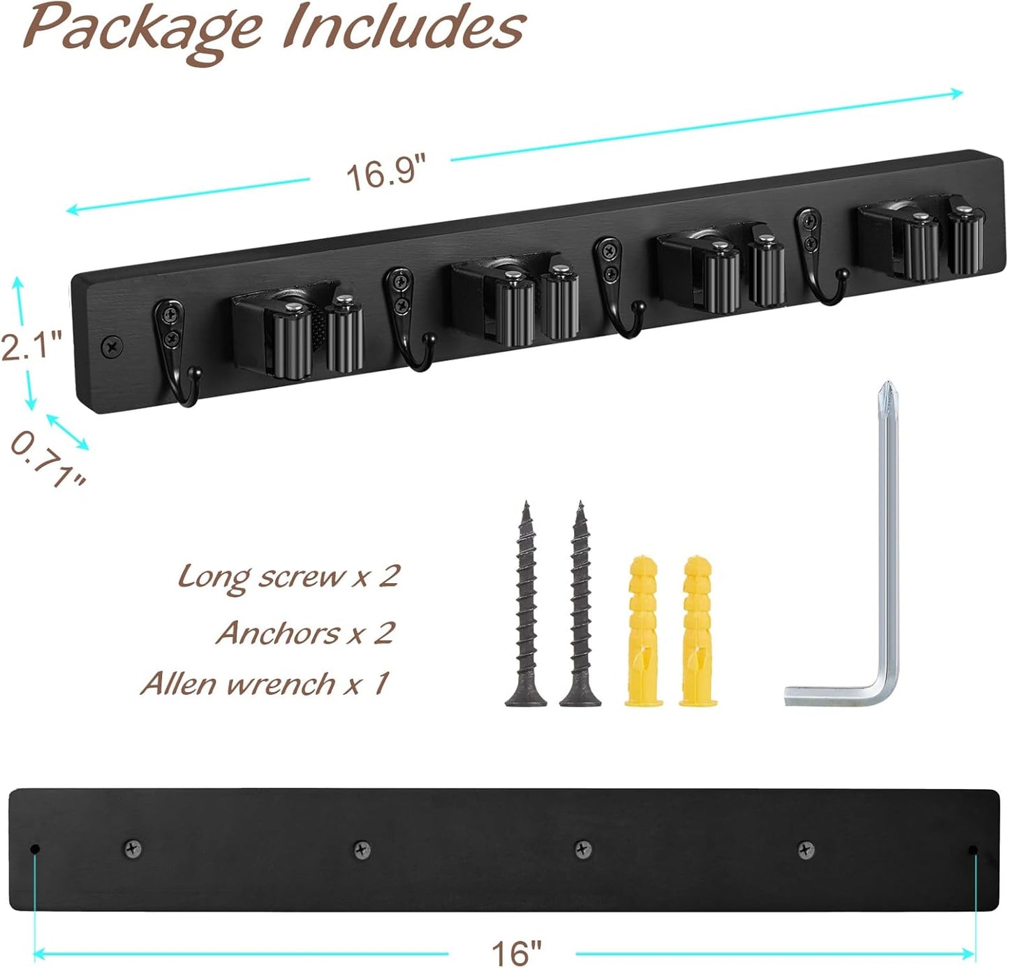 OUTNILI Wall Mounted Mop Broom Holder - 2 Pack Black Organizer with 4 Slots & Hooks for Garage, Closet, Laundry Room