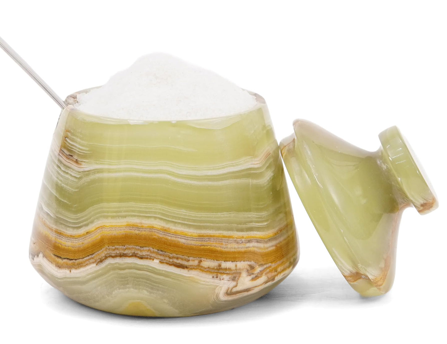 Earthen Crafts Marble Salt Cellar with Lid Green 3 Inches Salt Box Spice Storage Container Seasoning Jar with Spoon, Modern Salt Keeper for Kitchen Countertop, 3 OZ Capacity