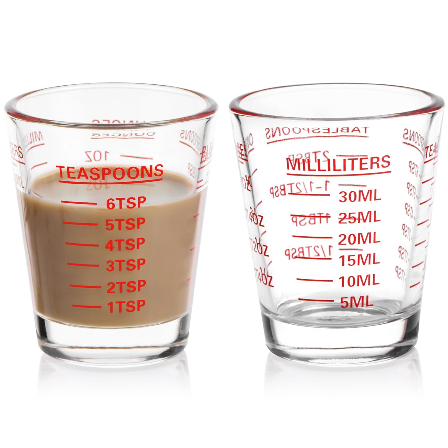 Measuring Cup Shot Glasses 2PACK Espresso Shot Glasses Liquid Heavy Glass 26-Incremental Measurement 1 OZ, 2 TBS, 6 TSP, 30 ML Kitchen Tools (Red)
