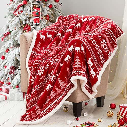 Touchat Red Sherpa Christmas Throw Blanket 50x60in Reindeer Fuzzy Cozy Decor