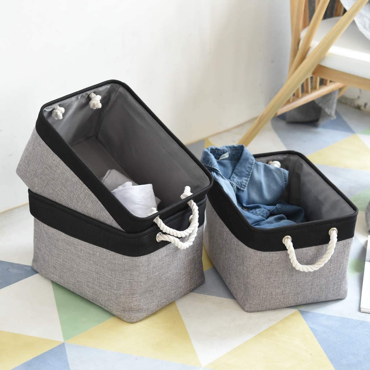 TheWarmHome Storage Basket - 16x12x8 Inch Fabric Organizer Bins for Shelves | Grey & Black