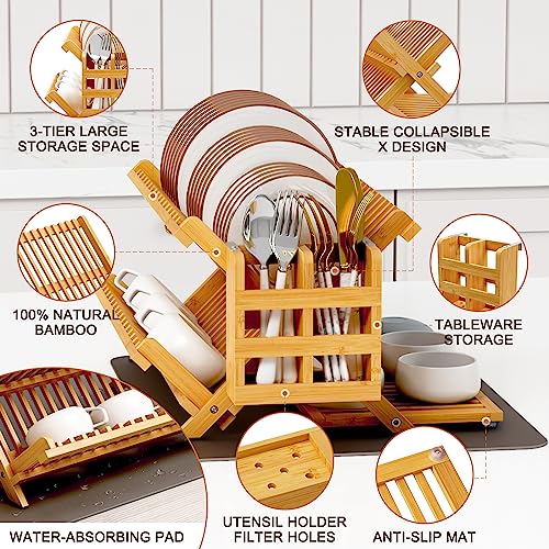 Natural 3-Tier Bamboo Dish Drying Rack with Utensil Holder & Absorbent Mat - Collapsible Kitchen Organizer