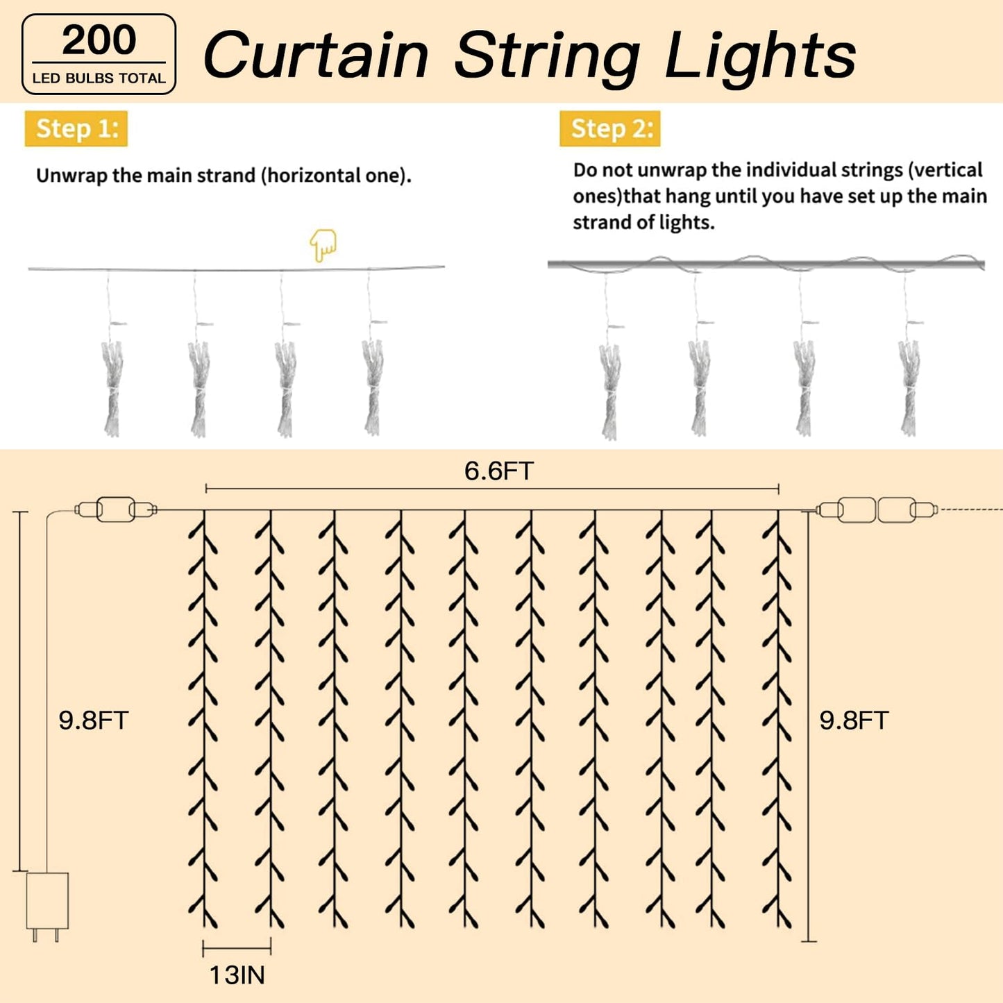 Soagrc 200 LED Curtain String Lights 9.8 * 6.6FT Plug in Fairy with Timer and 8 Modes, Waterproof Window Wall for Bedroom Wedding Party Indoor Outdoor Christmas Decor