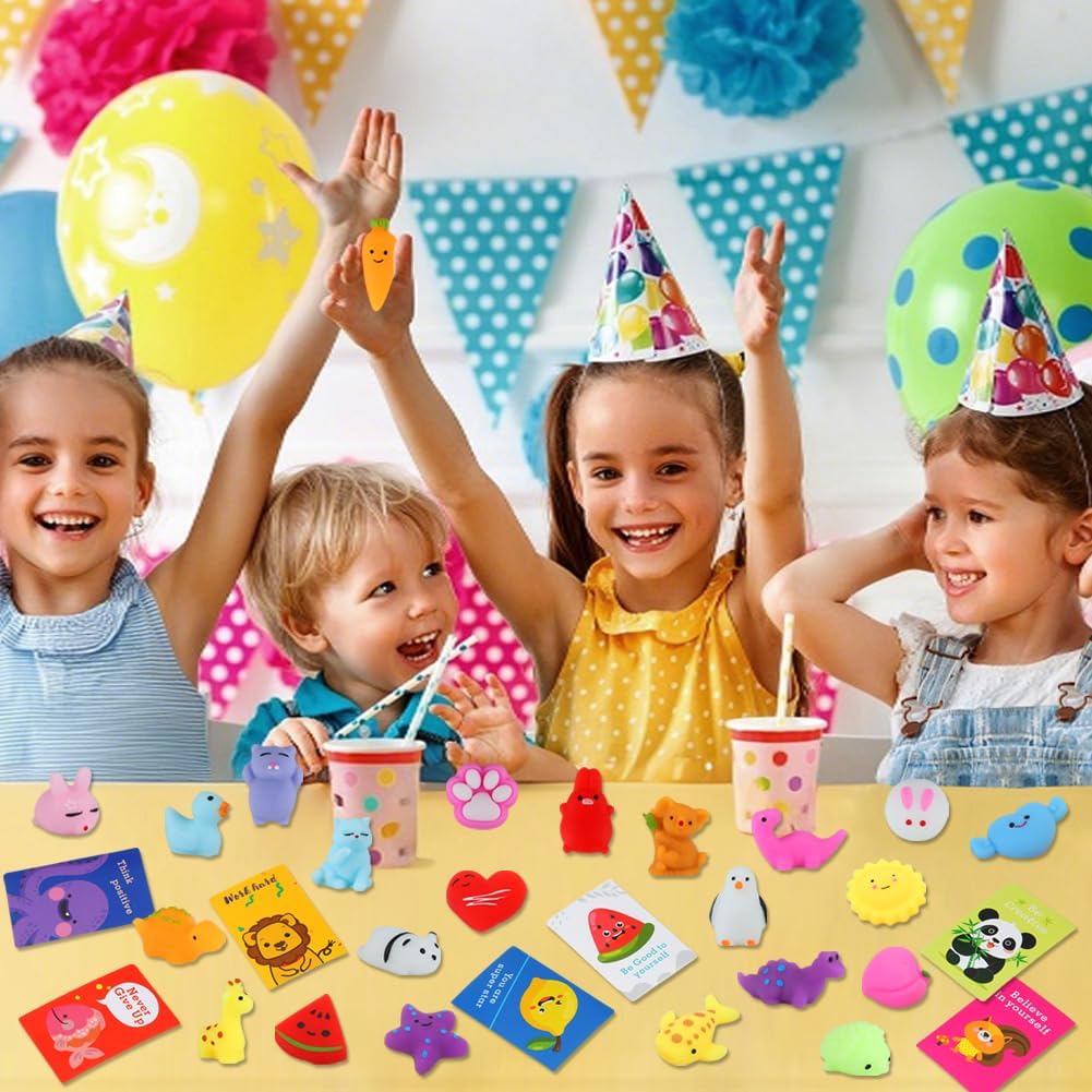Kawaii Squishy Toys - 28 Pack Mochi Fidget Toys with Cards | Perfect for Goodie Bags & Party Favors