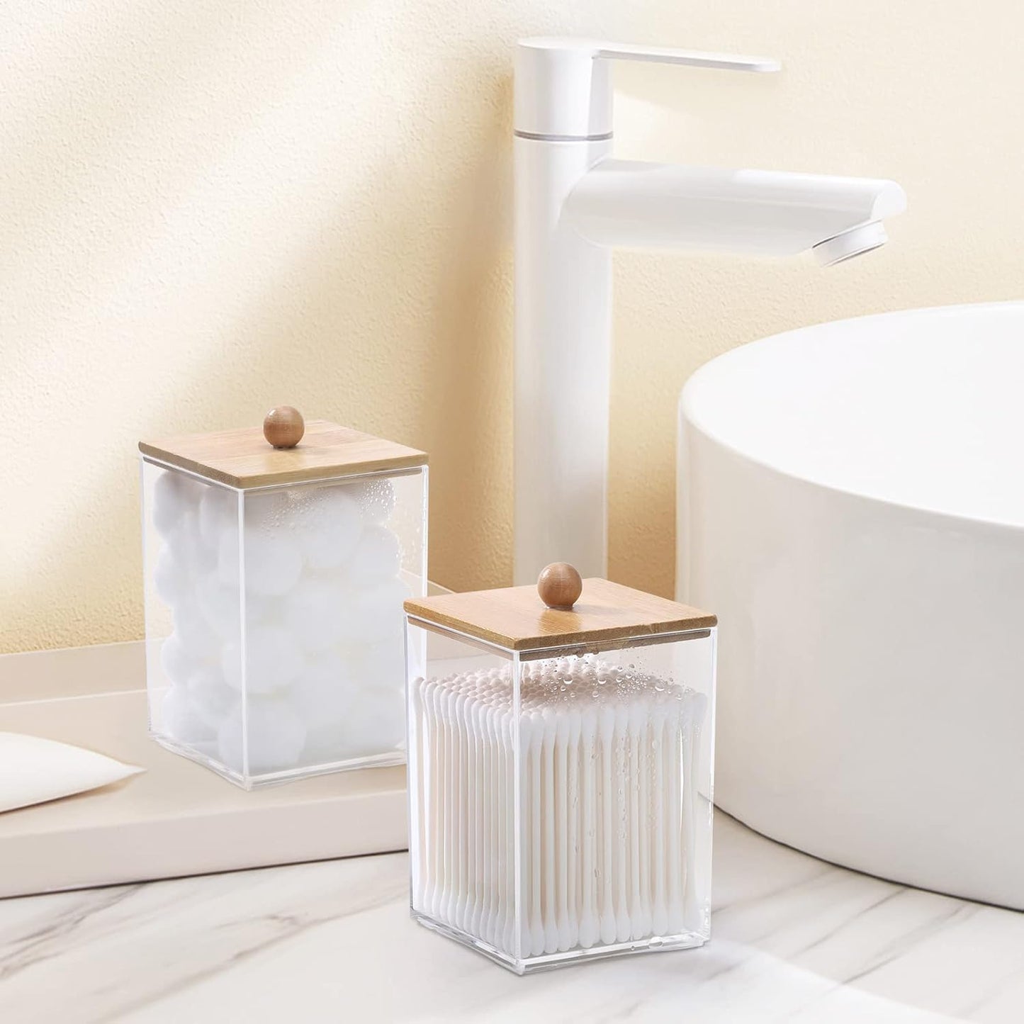 Tbestmax Square Qtip Holder Set - 12 oz Bathroom Organizers with Bamboo Lids for Cotton Swabs & Balls