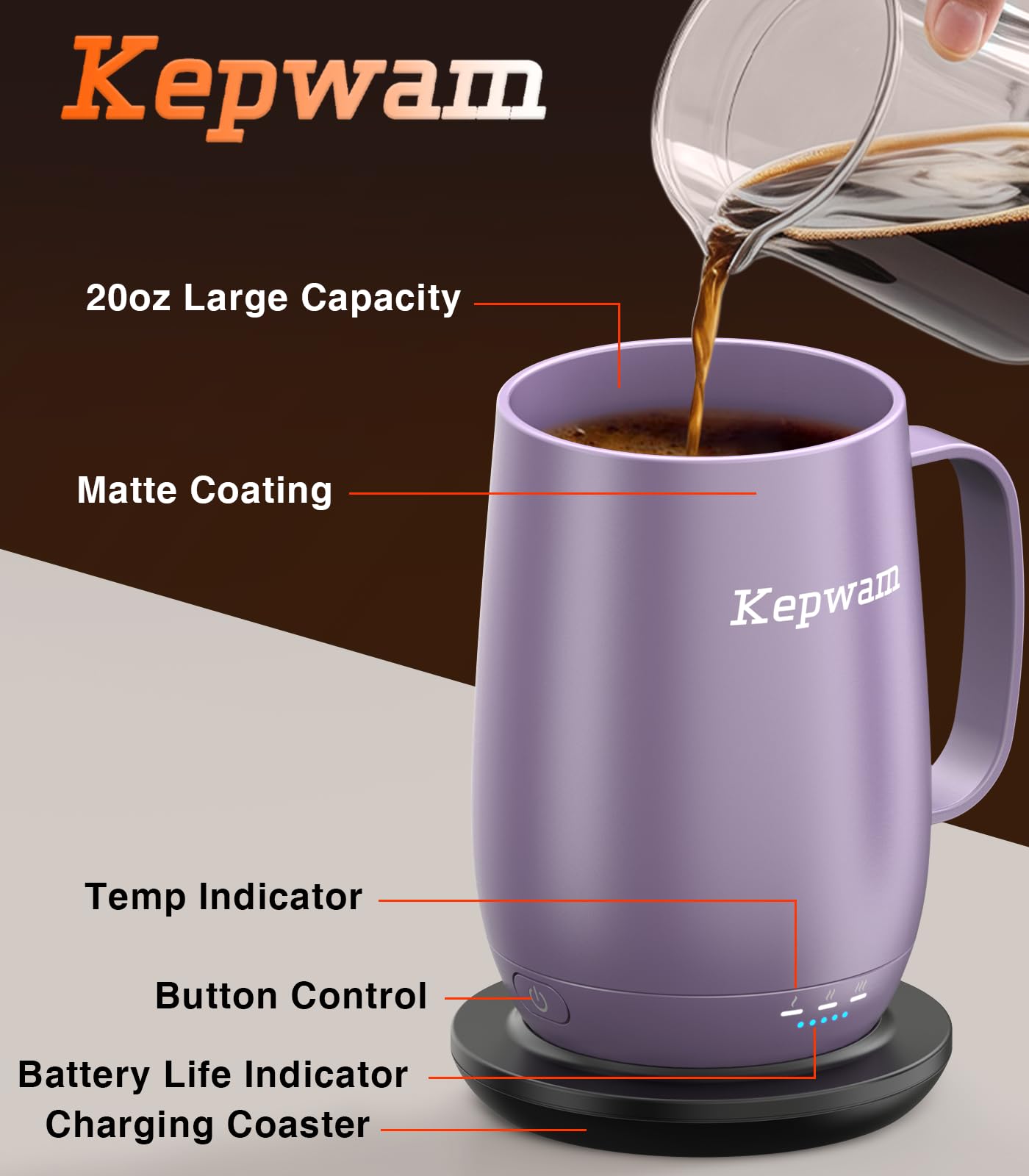 Kepwam Heated Coffee Mug T2-Plus, 20oz Leading Large Capacity Self Heating Mug, Up to 8 Hrs Battery & Hot Up to 149℉, Smart Coffee Mug for Women, Men