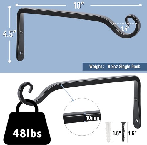 FEED GARDEN Wall Hooks for Hanging Plants - Heavy Duty Metal Brackets, 48 lbs Capacity, Rust Resistant Black | 10 Inch, 2 Pack
