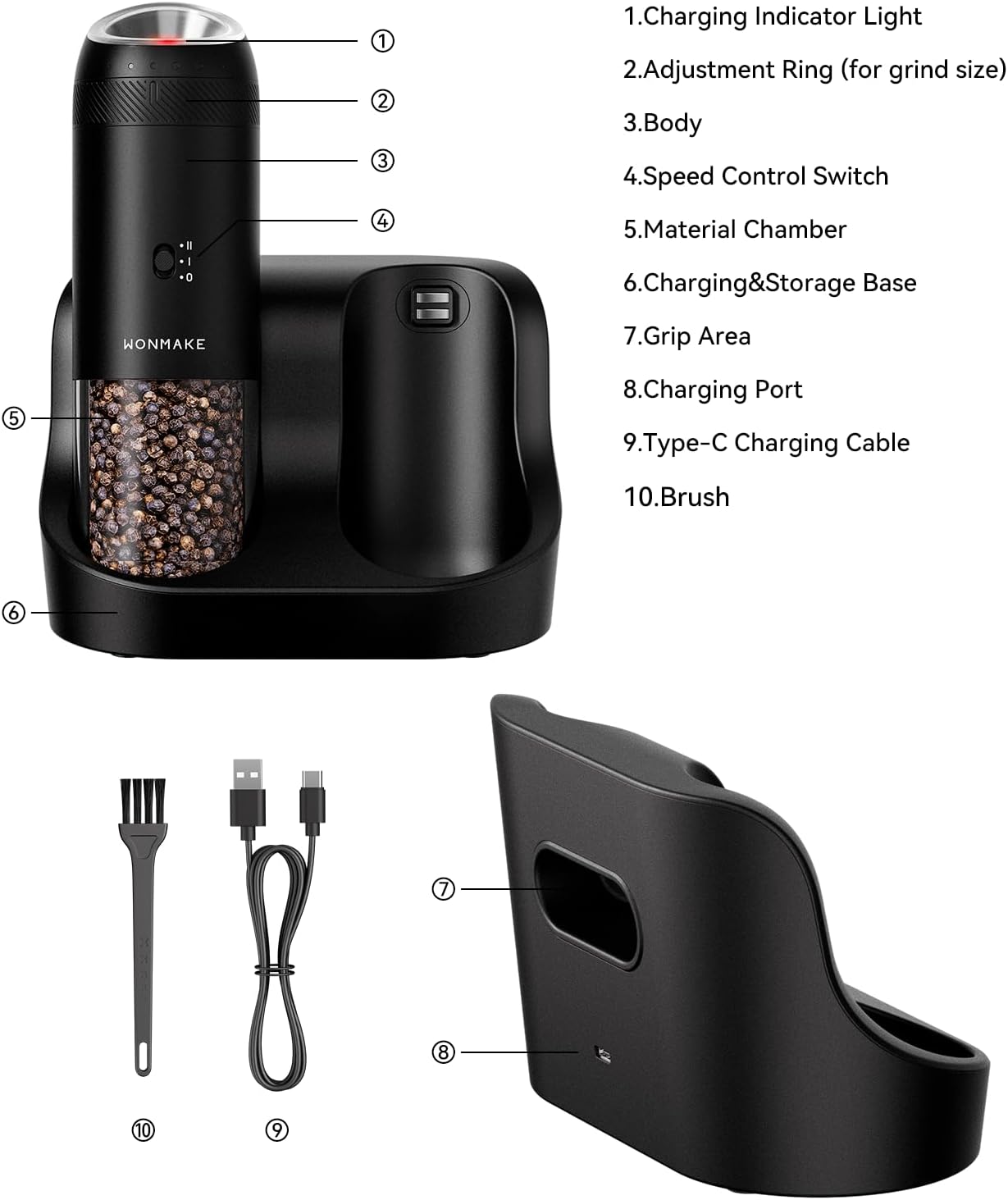 WONMAKE Electric Salt and Pepper Grinder Set - Automatic Mill with 6-Level Coarseness, Dual Speed & 5.95oz Capacity