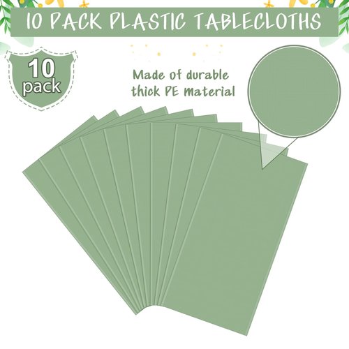 10Pack Sage Green Plastic Tablecloths for Rectangle Tables, Light Green Disposable Tablecloth, Waterproof Sage Green Table Cover for Birthday Bridal Wedding Baby Shower Party Decorations, 54 X 108Inch