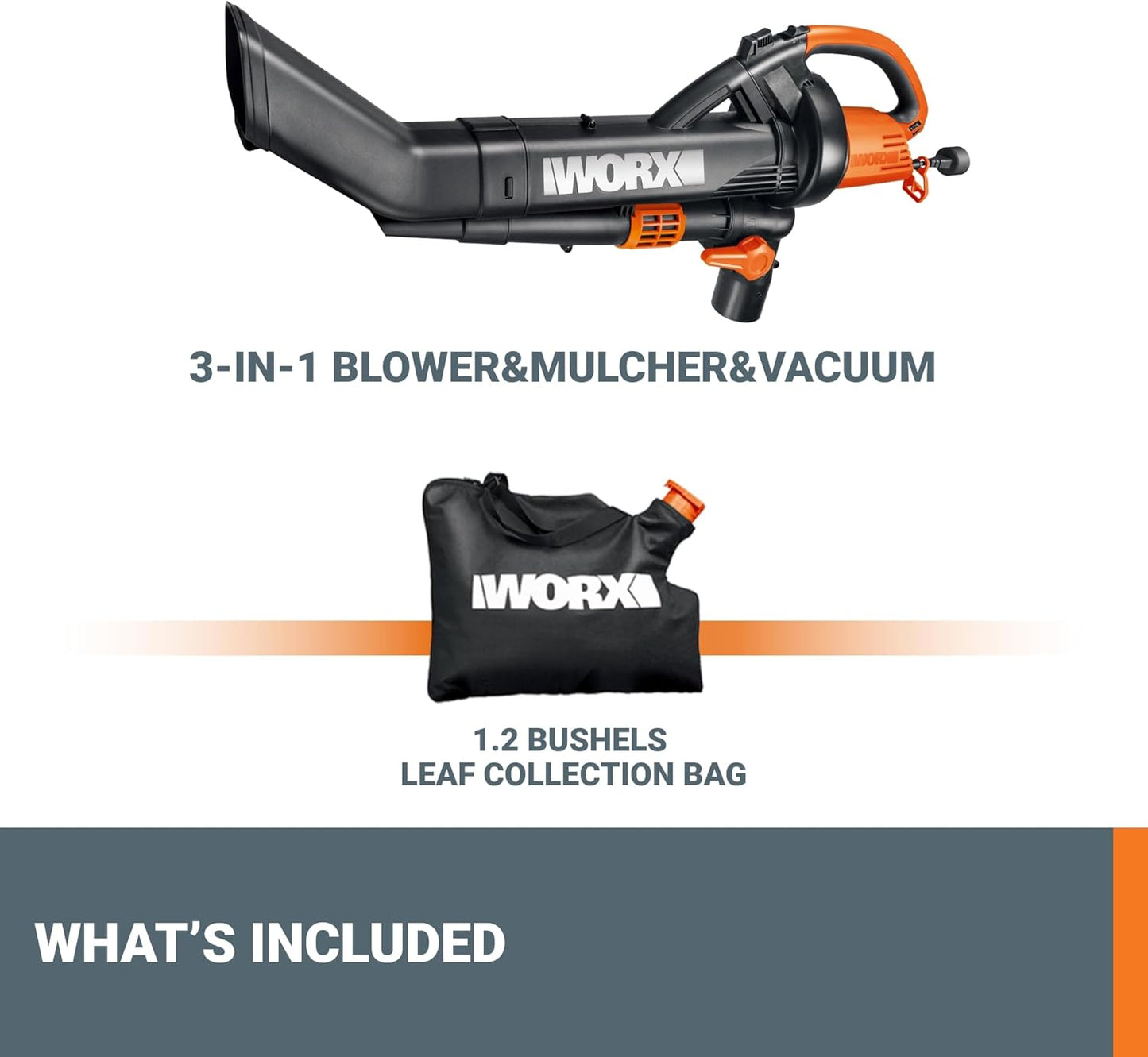 WORX Trivac 3-in-1 Electric Leaf Blower - 350 CFM & 210 MPH Vacuum | Metal Impeller Mulcher, WG509