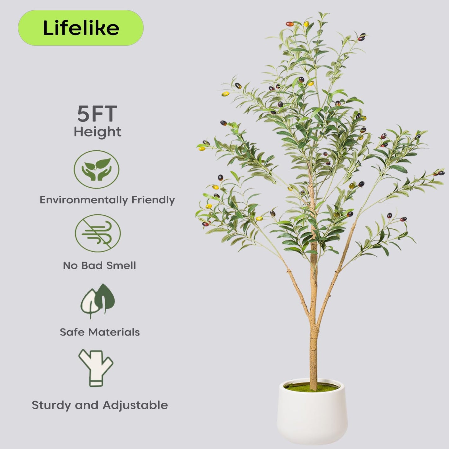 Artizone Artificial Olive Tree with White Pot - Faux Olive Tree for Home Decor, Tall Artificial Plants Indoor, Realistic Trunks Foliage Fruit, Office Decor (5FT)