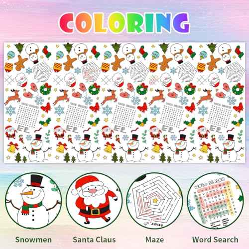 Labeol Christmas Tablecloth, 108"x 54" Christmas Coloring Tablecloth for Kids, Santa Claus Snowman Reindeer Maze Color-in Paper Table Cover for Winter Party Arts and Crafts (2pcs)