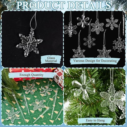 GuassLee 36Pcs Glass Snowflake & Icicle Ornaments Set - Clear Christmas Tree Decorations