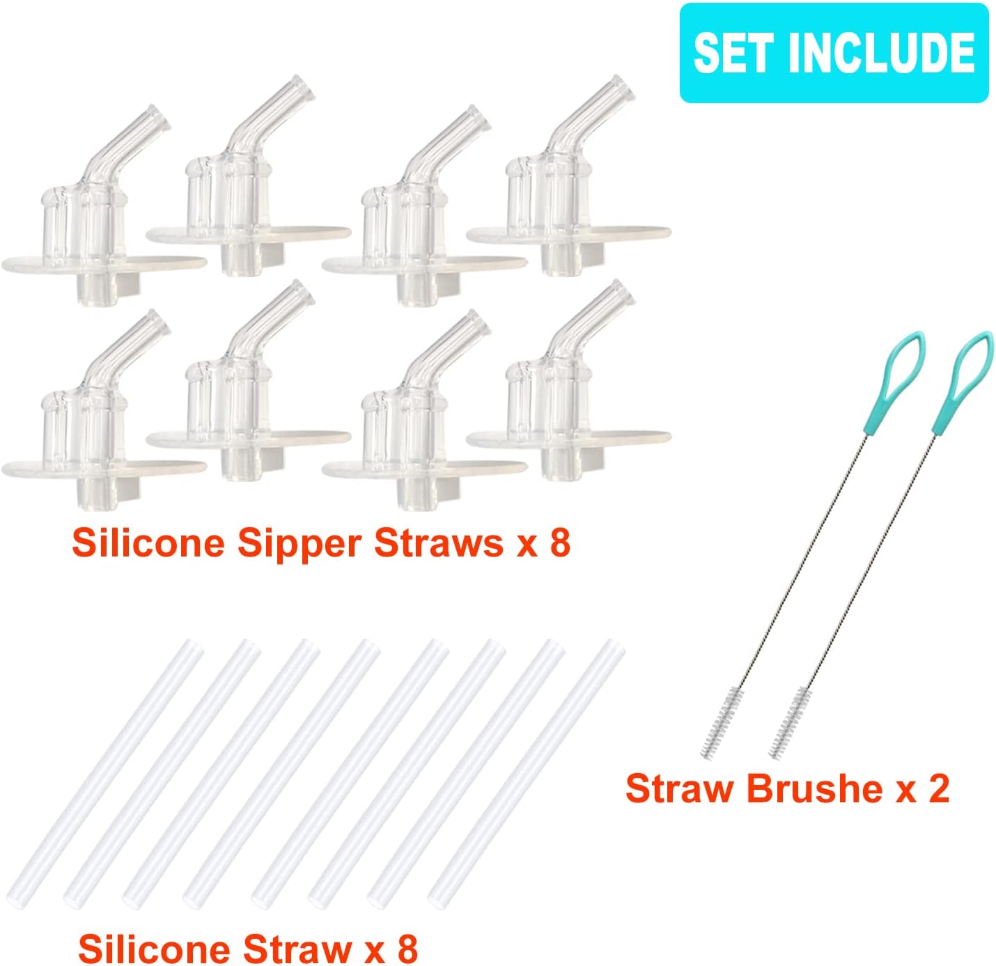 Thermos Replacement Straws - 8 Silicone Sipper Straws & Cleaning Brushes for 12 Ounce Bottle