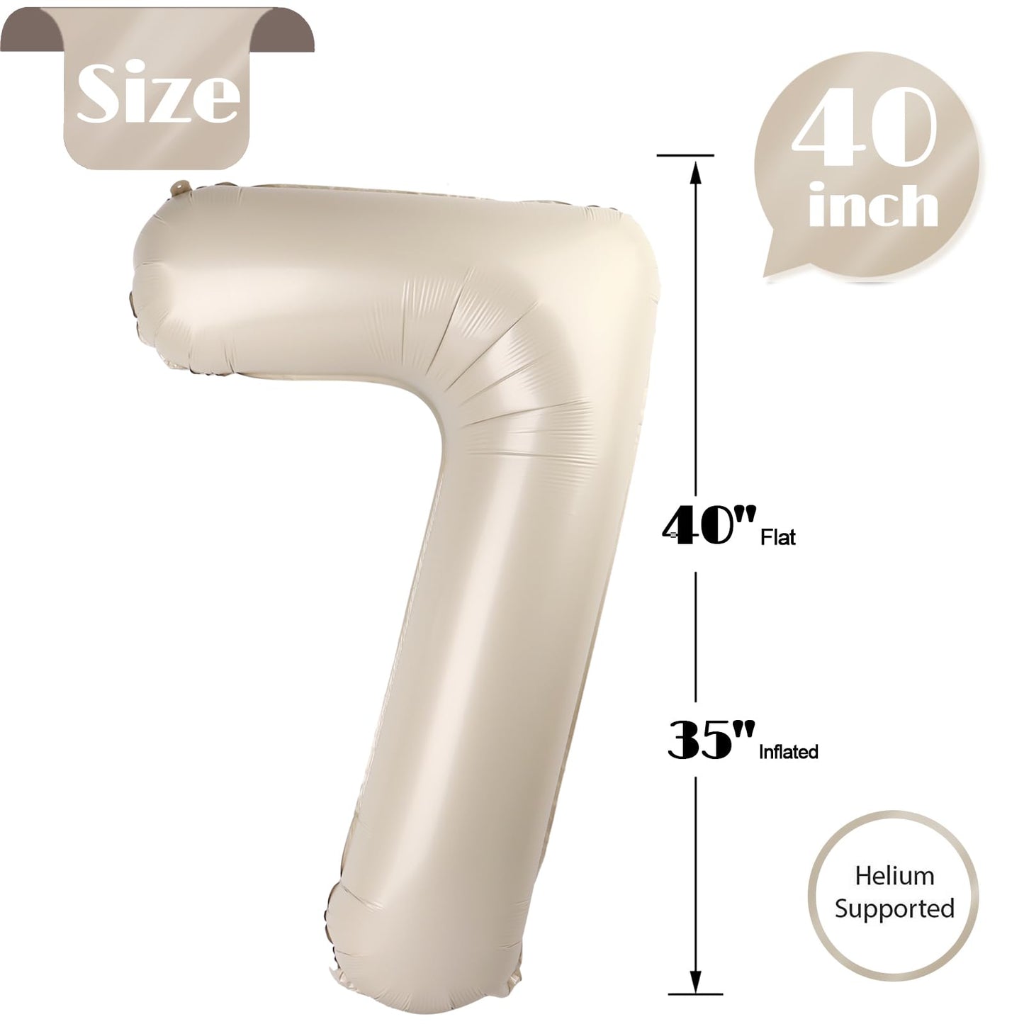 Cream Number 7 Balloon 40 Inch, 7th Birthday Party Decorations for Children, Giant 7 Foil Balloon for Party Supplies