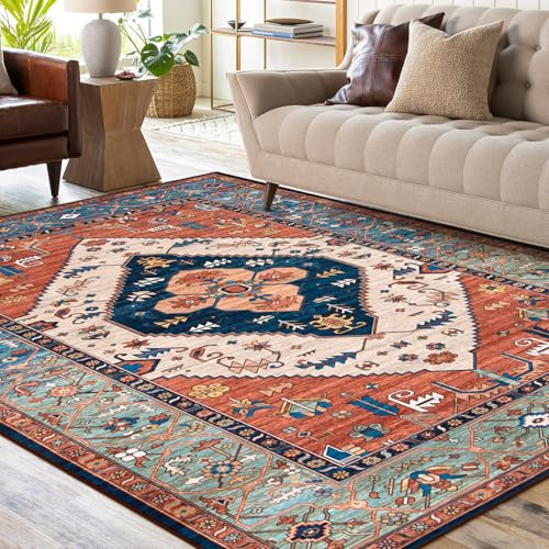 6x9 Rust Oriental Washable Rug - Non-Slip Vintage Area Carpet for Living Room