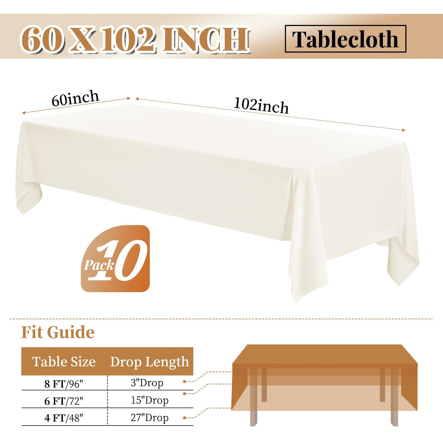 fani 10 Pack 60 x 102 Inch Tablecloth, Ivory Tablecloth for 6 Feet Rectangle Tables, Stain and Wrinkle Resistant Washable Fabric Table Cloth for Wedding Party Dining Table Buffet Parties Camping