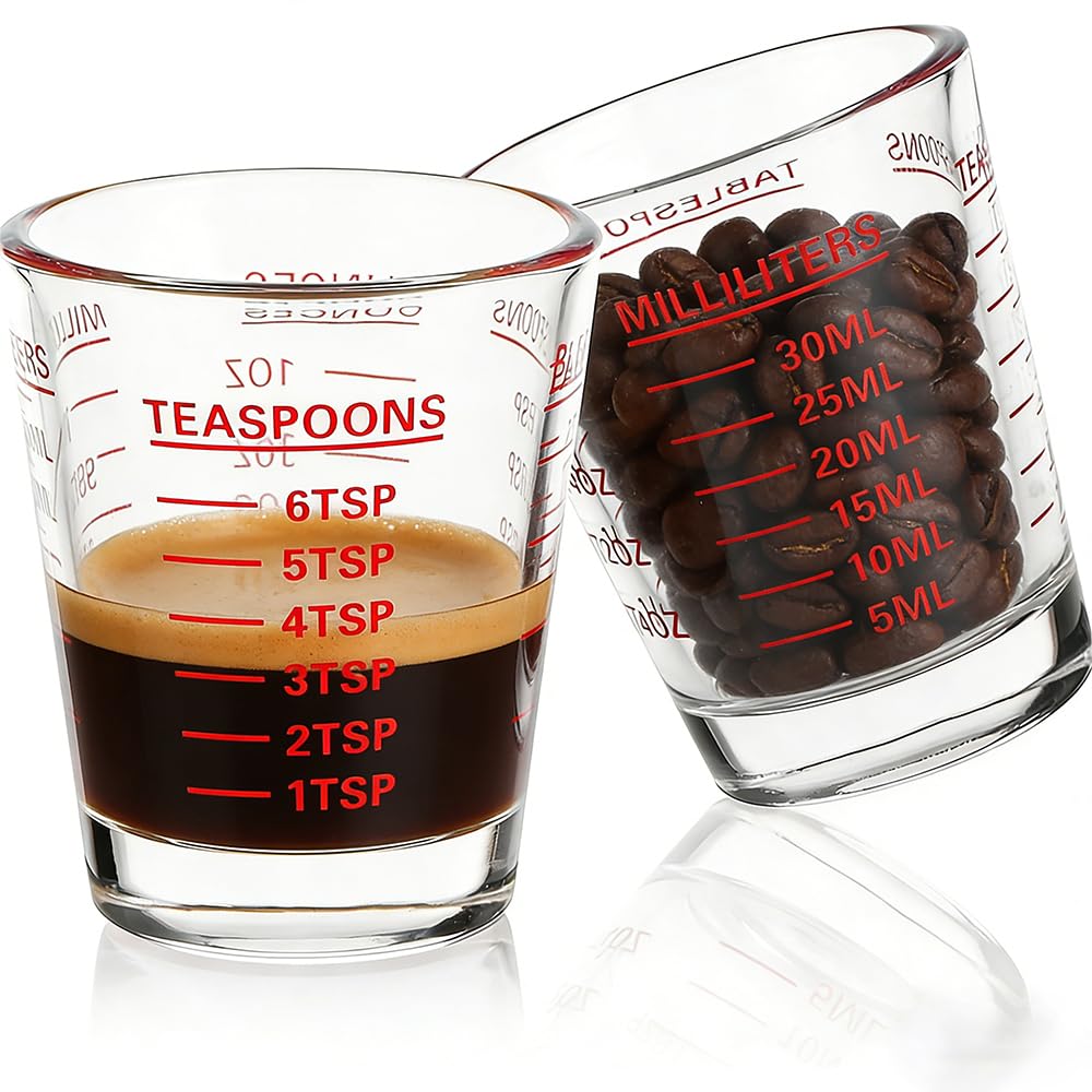 Measuring Cup Shot Glasses 2PACK Espresso Shot Glasses Liquid Heavy Glass 26-Incremental Measurement 1 OZ, 2 TBS, 6 TSP, 30 ML Kitchen Tools (Red)