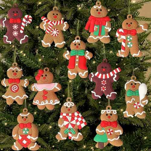 Gingerbread Christmas Tree Decorations 12Pcs - DIY Ornaments for Indoor Hanging - Mini Xmas Tree Decor - Craft Gingerbread Ornaments