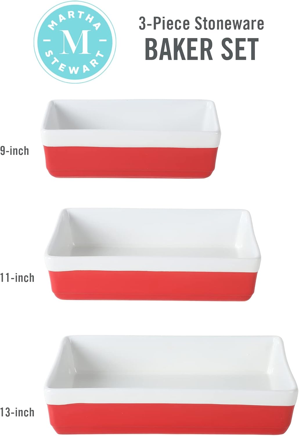 Martha Stewart 3-Piece Stoneware Bakeware Set - Durable Oven-Safe Baking Dishes in Red