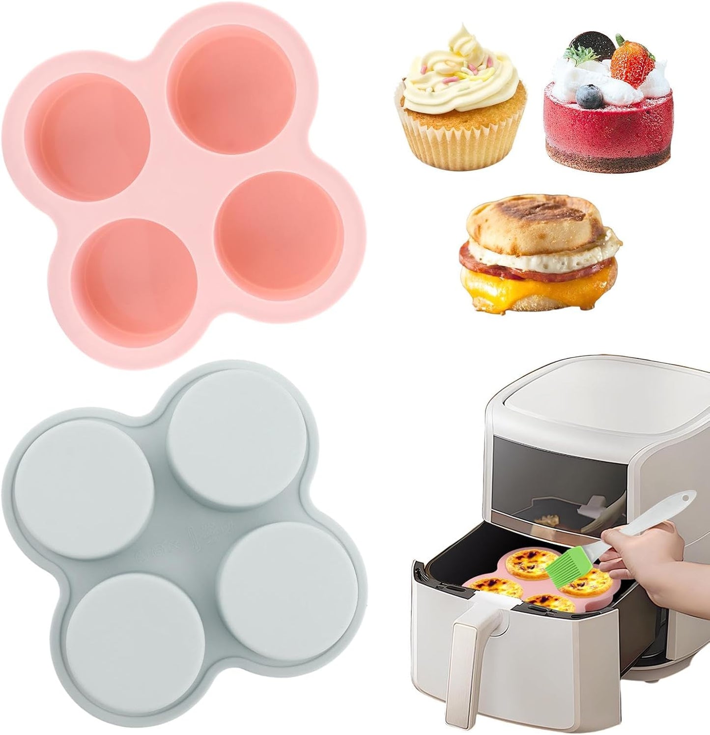 Skiennix Reusable Silicone Air Fryer Egg Mold - Non-Stick 4-Cavity Baking Pan Set (Pink & Blue)