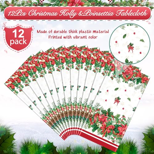 MASHAN 12-Pack Christmas Holly Poinsettia Tablecloths 54x108in Holiday Decor