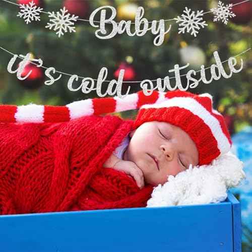 Baby It's Cold Outside Party Decorations Banner Cake Topper, Glittery Snowflake Banner Christmas Decorations Winter Wonderland Baby Shower Holiday Garland Photo Props Banner for Party Home Decorations