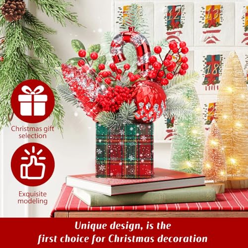 KPX Large-Square-Red Mini Christmas Tree Tabletop Decor with Ornaments & Pine Cones