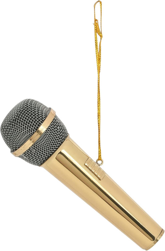 Gold Tone Microphone Ornament - 3" Brass Hanging Decor for Musicians & Singers