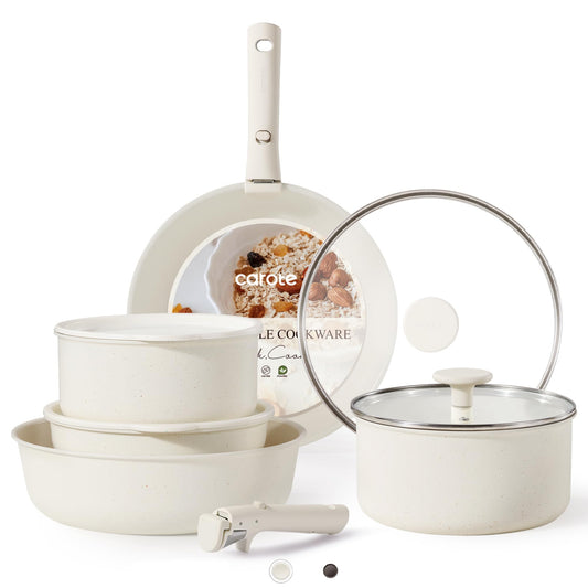 CAROTE 11pcs Pots and Pans Set, Nonstick Cookware Detachable/Removable Handle, Induction RV Kitchen Set, Oven Safe, Cream White