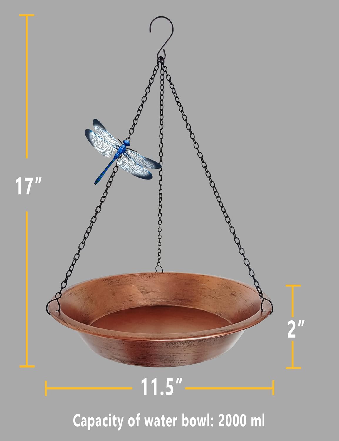 Skiennix Hanging Bird Bath - Antique Copper Metal Feeder with 17” Rust-Proof Chains for Garden Decor
