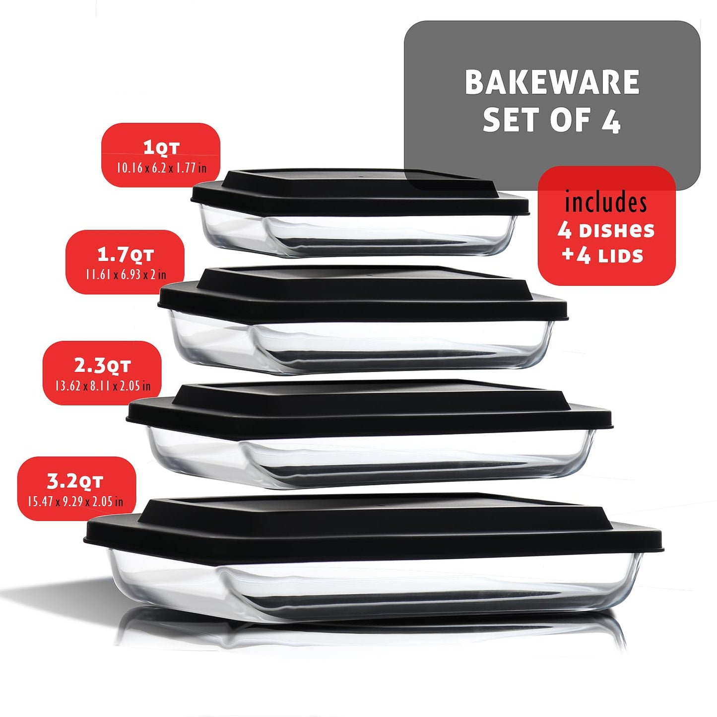 Nestl 8pc Glass Baking Dishes for Oven, Glass Food Storage Containers with Lids, Leakproof Casserole Dishes for Oven with Lid, Cooking, Microwave Oven Freezer Safe Bakeware, 9x13 Lasagna Pan Black