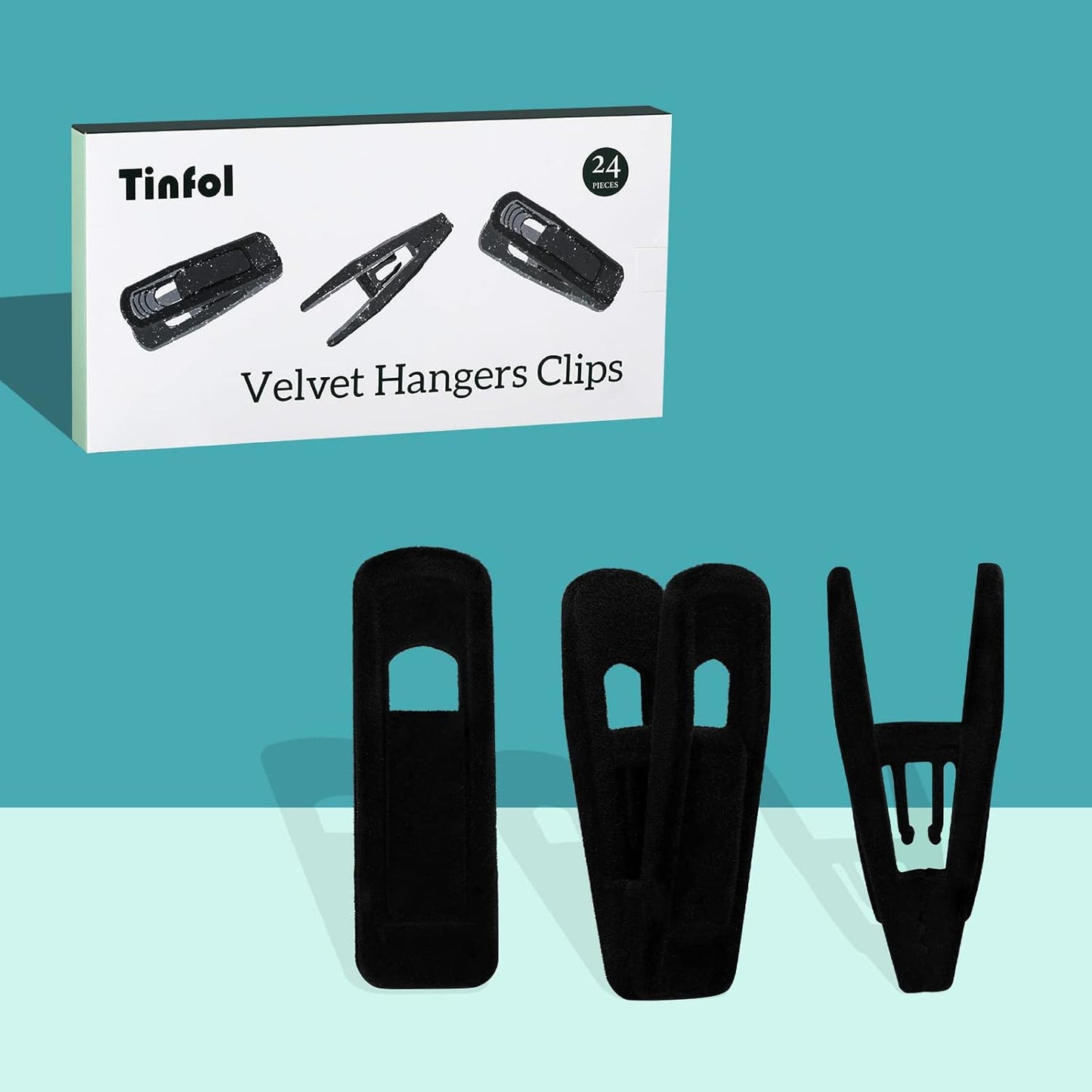 Tinfol Velvet Hanger Clips - 24 Pack Black Clothes Pin Clips with Large Opening for Slim-Line Hangers