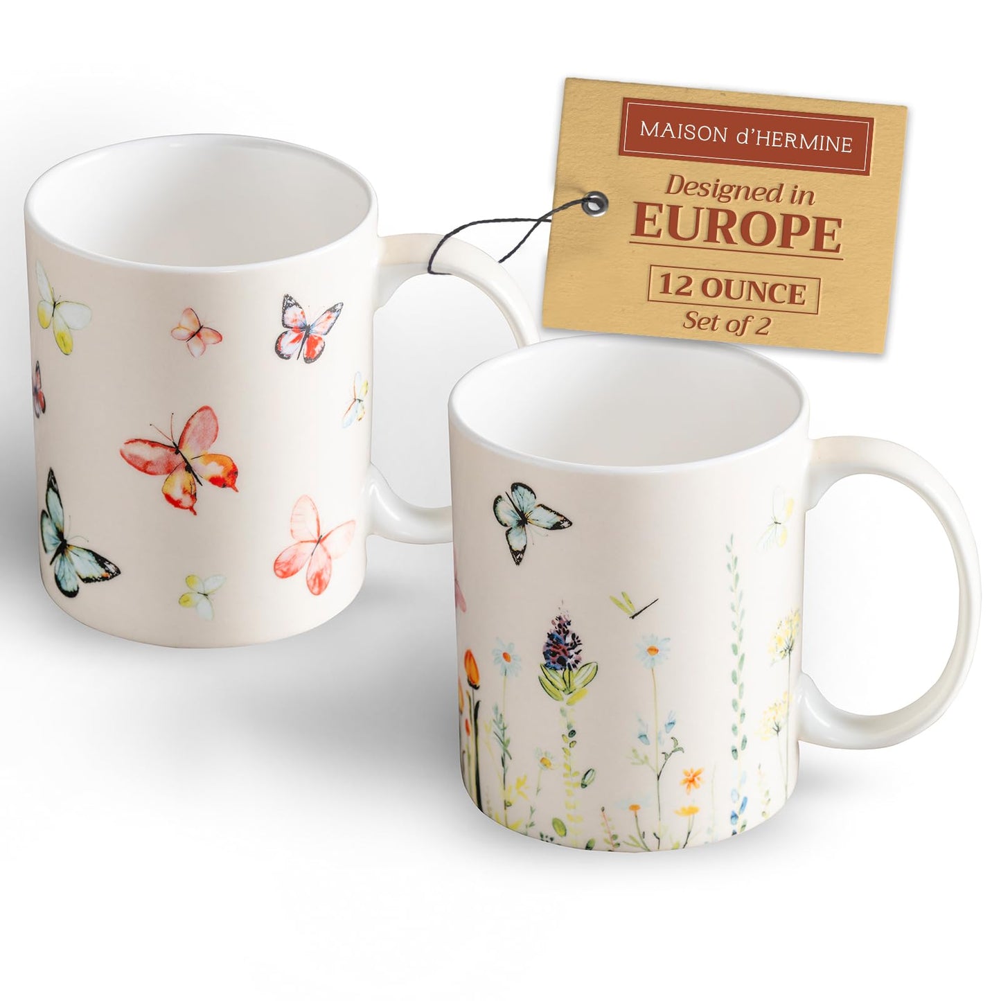 Maison d' Hermine Coffee Mug with Handle Fine Bone China Mugs Pack of Two Tea Cups for Hot Beverages Cappuccino Home Restaurant Office Gifts for Mothers day (Botanical Fresh - Pack of 2, 12 Ounce)