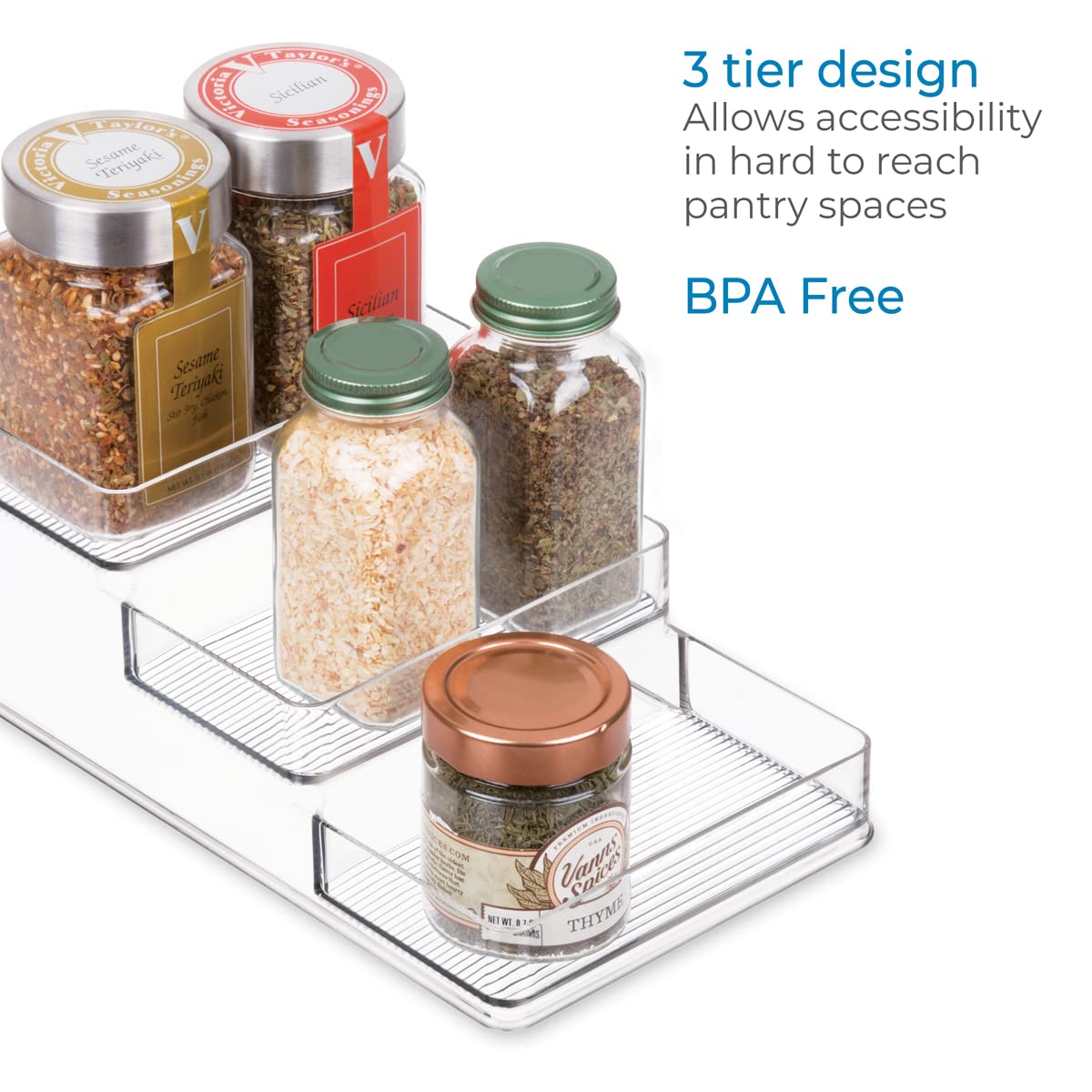 iDesign Recycled Plastic 3-Tier Stadium Spice Rack Organizer for Kitchen, Fridge, Freezer, Pantry and Cabinet Organization, The Linus Collection – 14" x 10" x 4", Clear