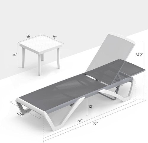 Domi Patio Chaise Lounge Chair Set - Adjustable Outdoor Aluminum Chairs with Side Table | 2 Grey Chairs