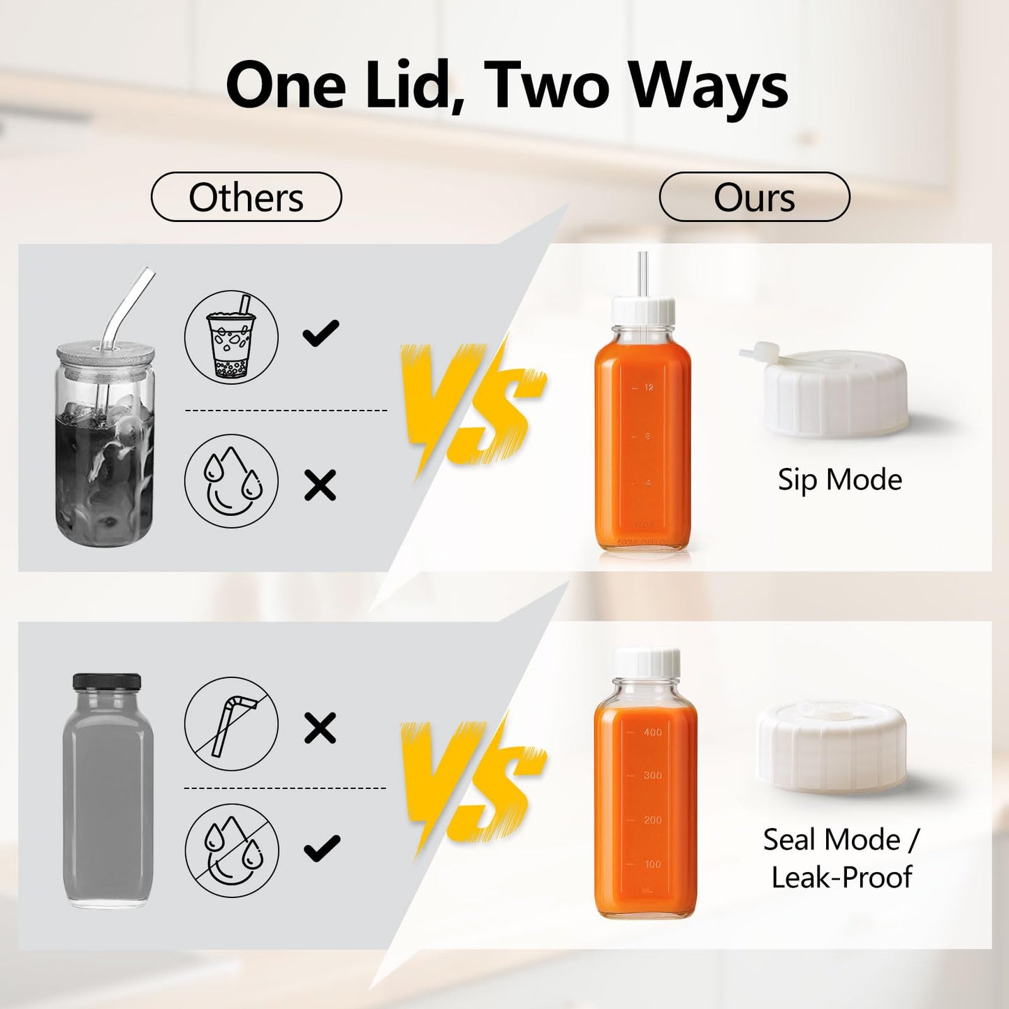 Ruckae 16oz 12 Pack Glass Juice Bottles with Hole Lids - Reusable Square Glass Juice Bottles with Leak-Proof Lid & Capacity Marks for Containers Juicing,Milk,Smoothies