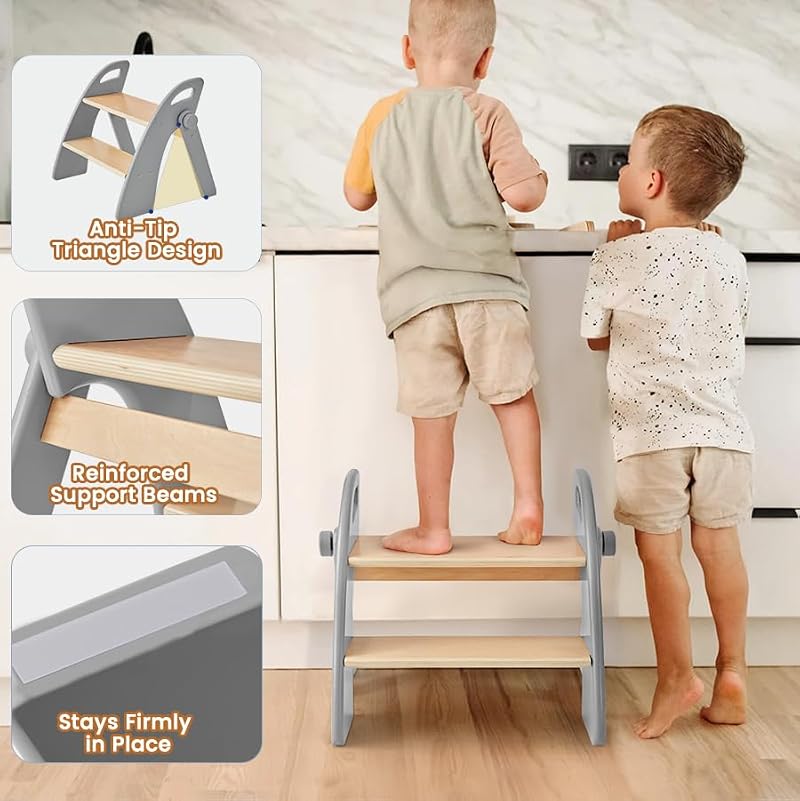 Foldable Wooden Toddler Step Stool with Handles & Non-Slip Pads - Grizzly