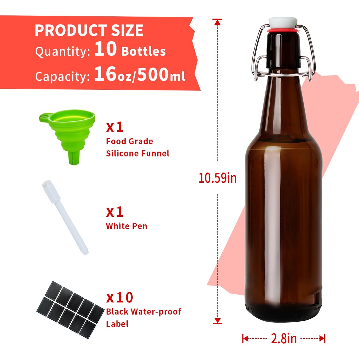 Zelomithe 16oz Amber Glass Bottles with Airtight Rubber Seal Flip Caps (10 Pack),Swing Top Glass Bottles for Home Brewing, Kombucha, Beverages, Oil, Vinegar, Vanilla Extract,Water, Soda, Kefir
