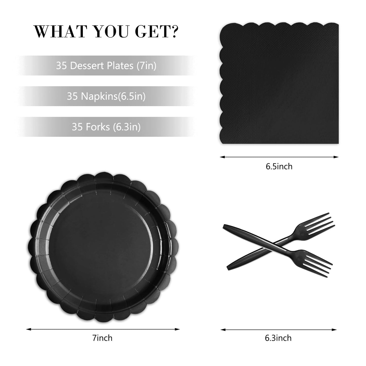 Tyzarglef 105PCS Paper Plates and Napkins Set,7 Inch Scalloped Disposable Tableware with Forks for Birthdays, Garden Parties & Outdoor Events,Serves 35 (Black)